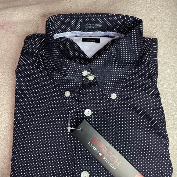 Men's Navy Blue and White Dot Button-Up Shirt - Picture 1 of 8